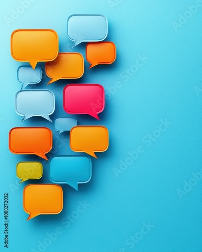Colorful speech bubbles on a bright blue background, representing communication and dialogue.