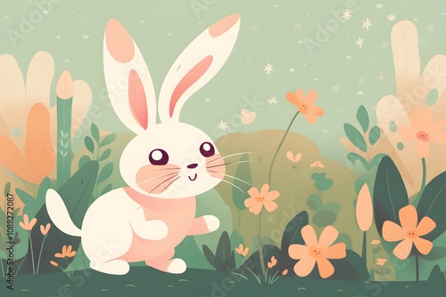 Cute Bunny Rabbit in Springtime Floral Garden Illustration