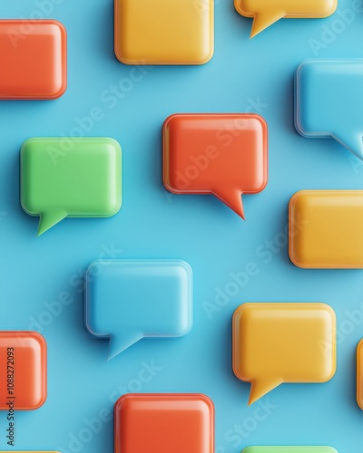 Colorful speech bubbles on a blue background, representing communication, dialogue, and social interaction in a vibrant, modern design.