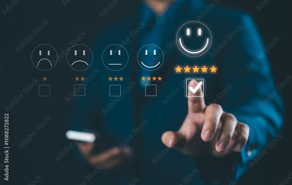 Naklejka premium Customer service evaluation concept. User pressing smile face emoticon on virtual touch screen. quality review, feedback survey, best rating positive five star, marketing research, satisfaction client