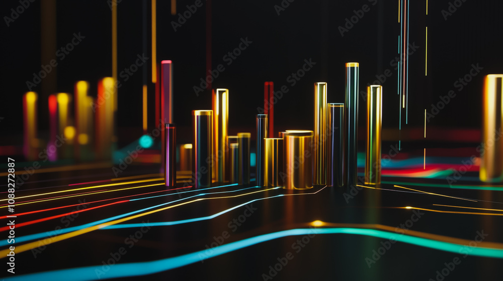 Abstract black background with 3D Colorful charts and graphs with statistics to innovative analyze business potential and forecast future development of companies growth. Abstract black background with 3D Colorful charts and graphs with statistics to innovative analyze business potential and forecast future development of companies growth.