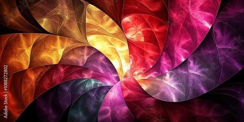Abstract swirling fractal art with vibrant red, orange, purple, and yellow hues.