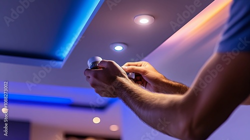 Man Installing Smart Light Bulb In Modern Room