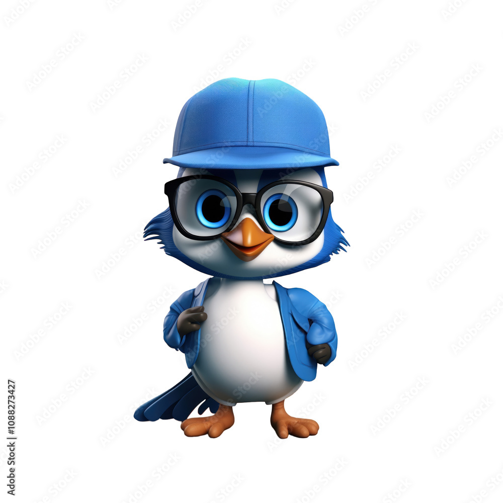 Obraz premium cute 3d cartoon blue jay wearing hat and glasses isolated on transparent background