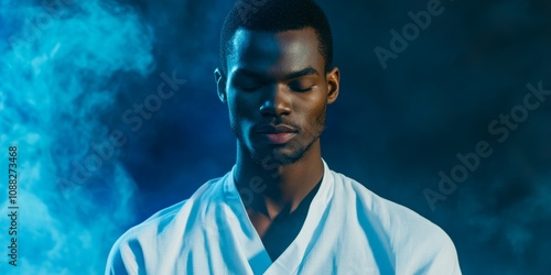 Focused Martial Artist Meditating in Blue Mist for Inner Peace and Strength photo