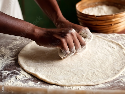 Close-up of hands rolling out dough for making paratha or chapati photo