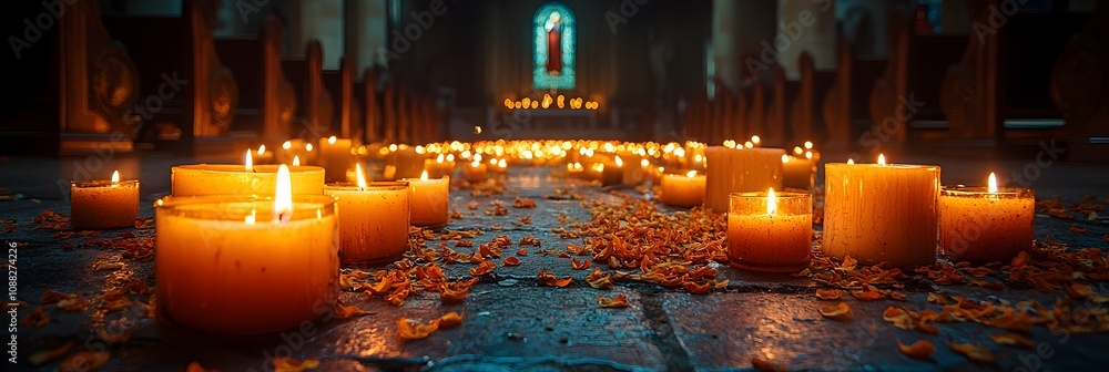 Soft warm candlelight glowing in the darkness of a serene historic church symbolizing hope faith and the sacred nature of the space Lots of copy space for religious text Soft warm candlelight glowing in the darkness of a serene historic church symbolizing hope faith and the sacred nature of the space Lots of copy space for religious text