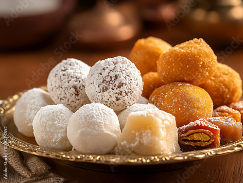 Assorted Indian sweets with ladoos, barfis, and mithai photo