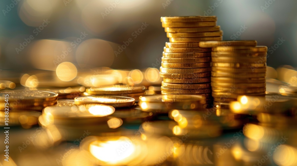 Pile of gold coins stack in finance treasury deposit bank account for saving . Concept of corporate business economy and financial growth by investment in valuable asset to gain cash revenue profit Pile of gold coins stack in finance treasury deposit bank account for saving . Concept of corporate business economy and financial growth by investment in valuable asset to gain cash revenue profit