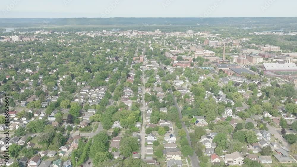 Moving drone view capturing La Crosse city stretched long at Wisconsin, USA. Moving drone view capturing La Crosse city stretched long at Wisconsin, USA.