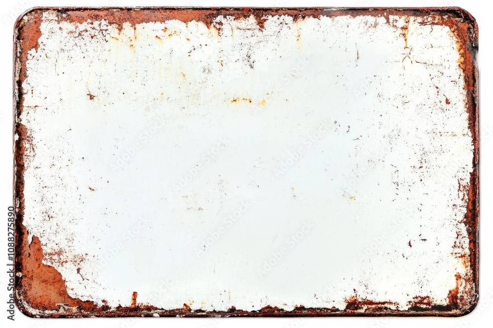 Fototapeta premium Vintage Rusty Metal Sign with White Background and Brown Border for Vintage-themed Designs or Old-fashioned Concepts.