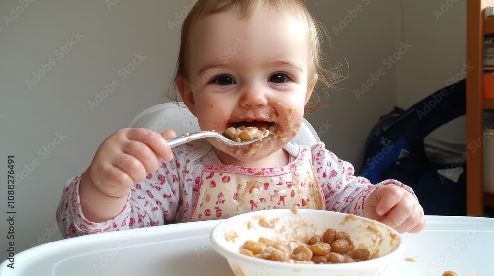Adorable Baby Enjoying Messy Breakfast Adorable Baby Enjoying Messy Breakfast