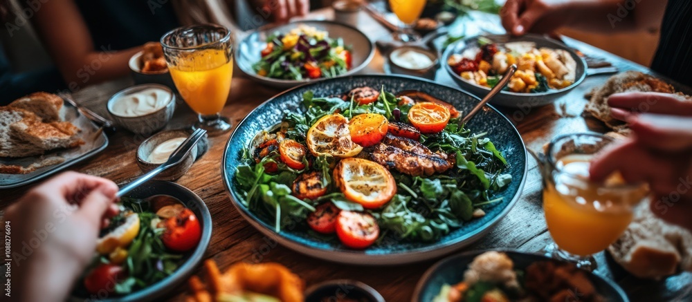 A close-up shot of a table with various dishes and drinks, including a salad with grilled chicken and lemon wedges, a glass of orange juice, and a hand reaching for another glass. A close-up shot of a table with various dishes and drinks, including a salad with grilled chicken and lemon wedges, a glass of orange juice, and a hand reaching for another glass.
