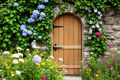 Whimsical Stone Wall with Wooden Door and Flowers.generative AI 