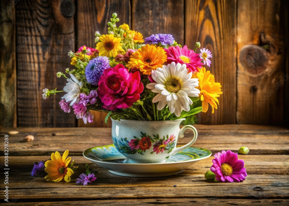 Colorful Still Life Composition with Fresh Flowers and Delicate Teacup on Rustic Wooden Table – Perfect for Home Decor, Floral Arrangements, and Nature Photography Colorful Still Life Composition with Fresh Flowers and Delicate Teacup on Rustic Wooden Table – Perfect for Home Decor, Floral Arrangements, and Nature Photography