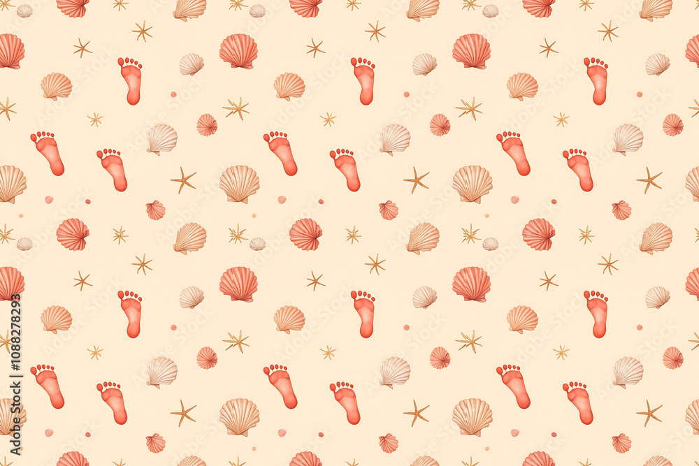 Seamless Beach Pattern: Footprints, Shells & Starfish (300 DPI, CMYK) Seamless Beach Pattern: Footprints, Shells & Starfish (300 DPI, CMYK)