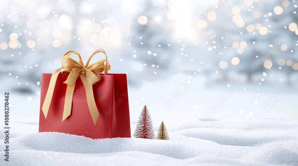 Shopping bag mock up concept.A festive red gift bag sits in the snow, adorned with a gold bow, surrounded by tiny evergreen trees and softly falling snowflakes. Shopping bag mock up concept.A festive red gift bag sits in the snow, adorned with a gold bow, surrounded by tiny evergreen trees and softly falling snowflakes.