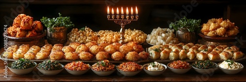 Hanukkah table setting with traditional latkes and lit menorah candles isolated on a bright white background with ample copy space for festive messages or greetings photo