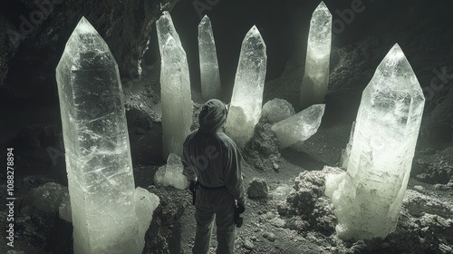 A solitary figure stands in awe of the towering crystals photo