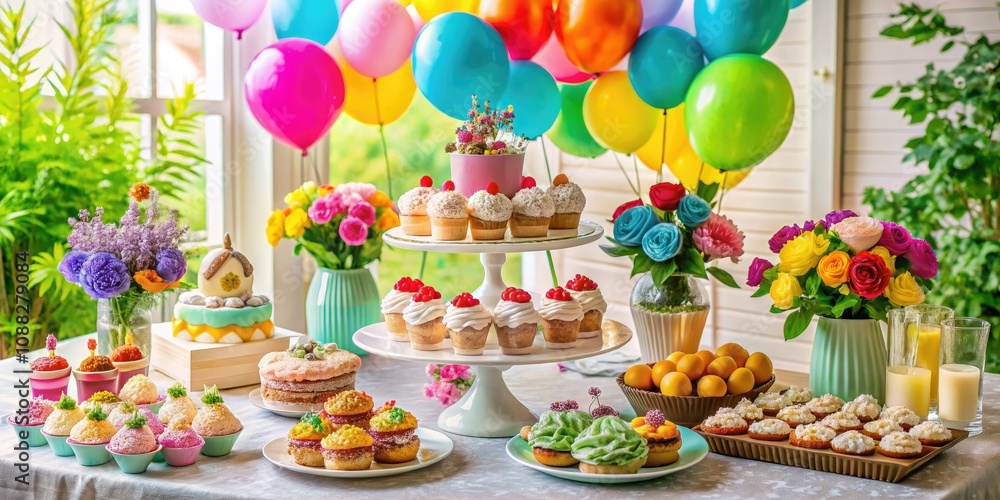 Fototapeta premium Elegant Dessert Table with Cakes, Cupcakes, Cookies Surrounded by Colorful Balloons and Flowers for Parties and Celebrations