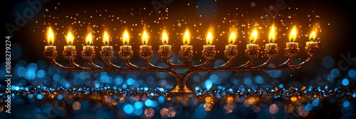 Glowing menorah with burning candles on a dark background creating a warm and peaceful atmosphere perfect for Hanukkah greetings and holiday