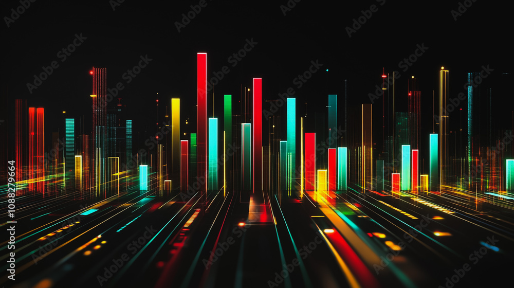 Abstract black background with 3D Colorful charts and graphs with statistics to innovative analyze business potential and forecast future development of companies growth. Abstract black background with 3D Colorful charts and graphs with statistics to innovative analyze business potential and forecast future development of companies growth.