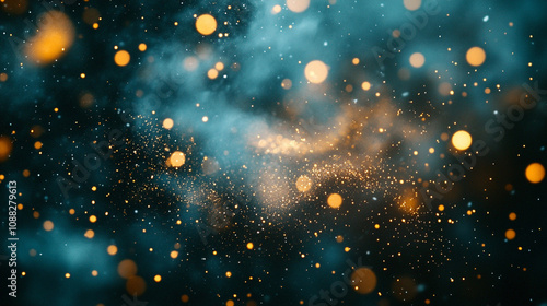 A vibrant teal and gold glitter bokeh backdrop, evoking a festive holiday atmosphere filled with sparkling energy and joyful anticipation of the season's celebrations and festivities