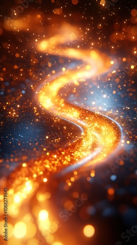 A glowing river of light flows through a cosmic background.