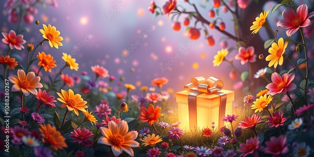 Glowing gift box surrounded by blooming flowers Glowing gift box surrounded by blooming flowers