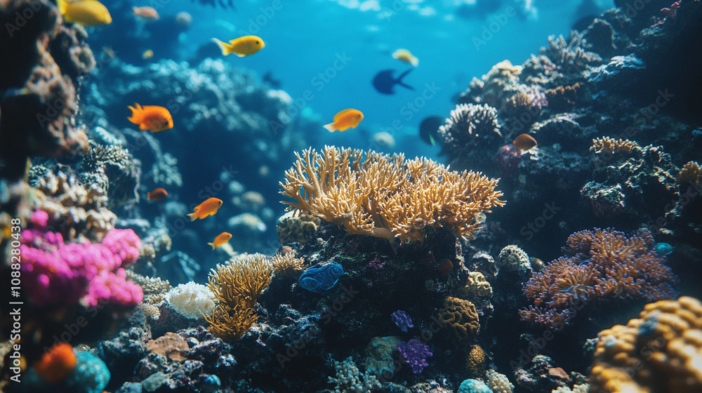 Obraz premium A serene underwater scene with soft bokeh effects, showcasing a smooth gradient background that creates a peaceful, ethereal atmosphere full of light reflections and gentle movement 