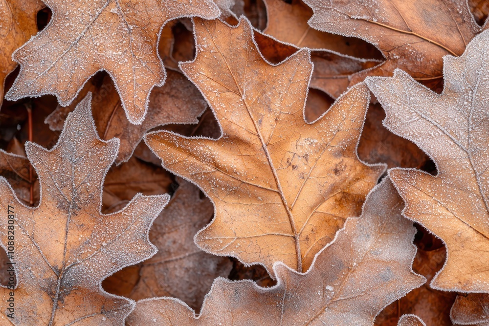 Naklejka premium Frost forming intricate patterns on fallen oak leaves in winter