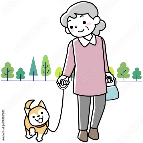 笑顔で犬の散歩をするシニア女性