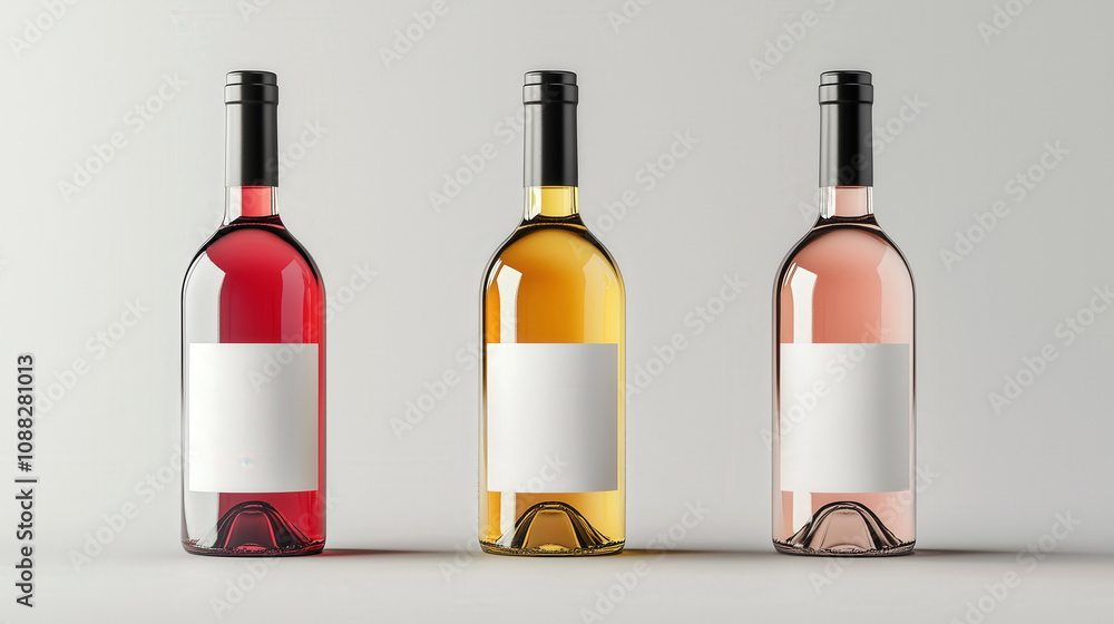 Three elegant wine bottles in row with minimalist labels Three elegant wine bottles in row with minimalist labels