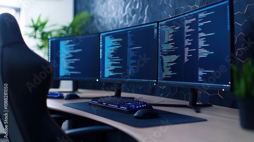 A modern workspace with multiple monitors displaying code.