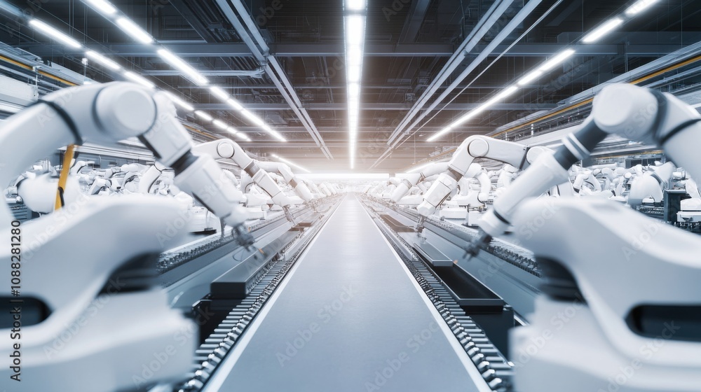 Fototapeta premium An advanced robotics manufacturing plant, filled with robotic arms and automated assembly lines, Robotics technology style