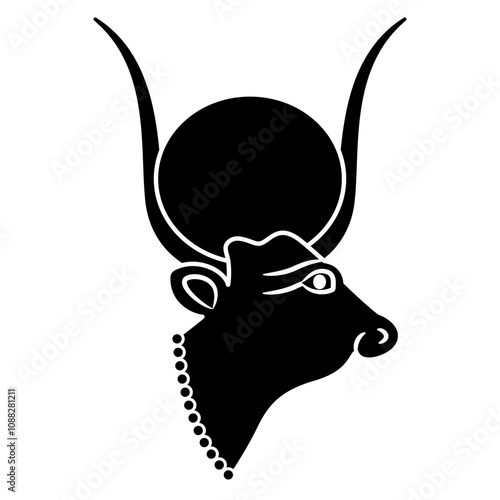Head of ancient Egyptian sacred cow. Goddess Hesat or Hathor. Black and white silhouette.
