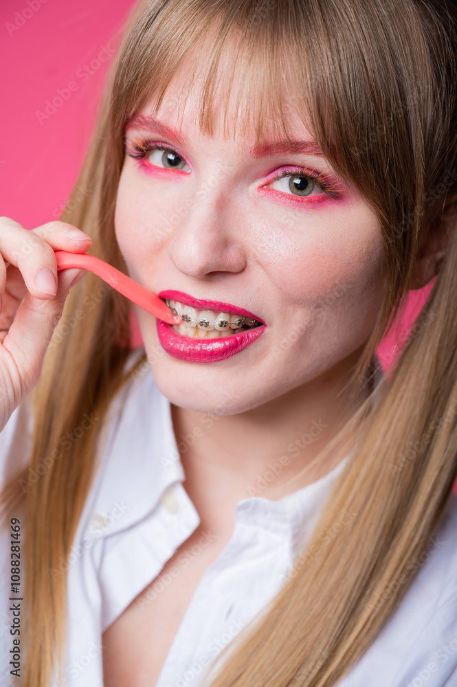 Portrait of a young woman with braces and bright makeup chewing gum on a pink background. Vertical photo. Portrait of a young woman with braces and bright makeup chewing gum on a pink background. Vertical photo.