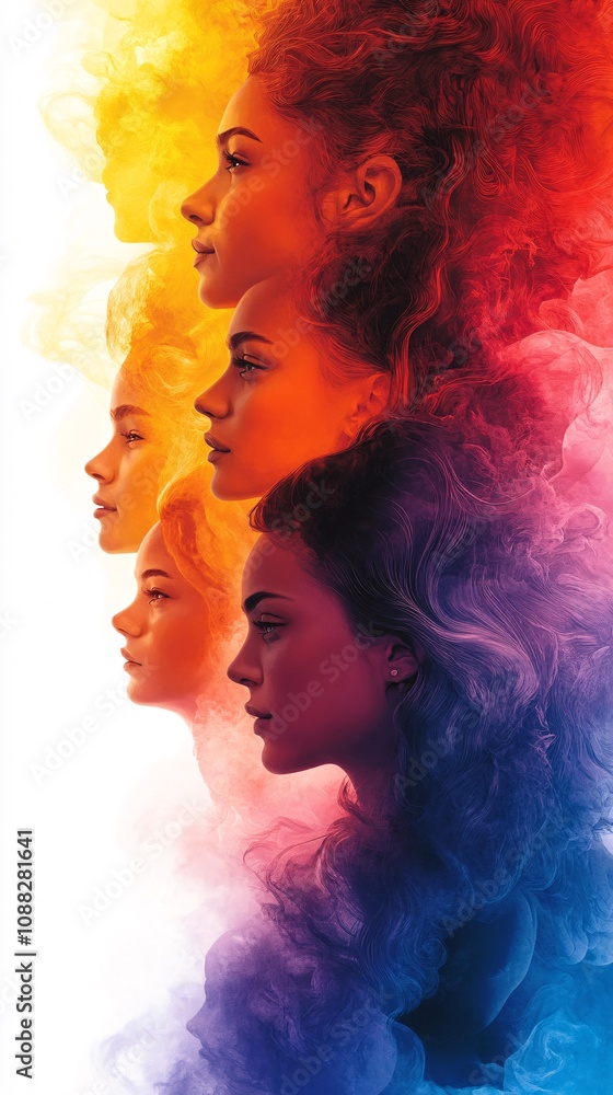 A digital art piece featuring many profile images of women with different hair textures and skin tones, each in their own color palette against an isolated white background. A digital art piece featuring many profile images of women with different hair textures and skin tones, each in their own color palette against an isolated white background.