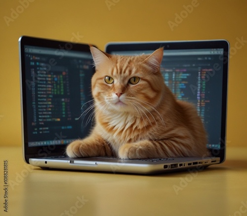 orange cat with glasses looking at laptop on yellow background, sitting behind a computer, serious cat working as IT, social media manager, cat looking for best food prices, deals See Less ai Generati