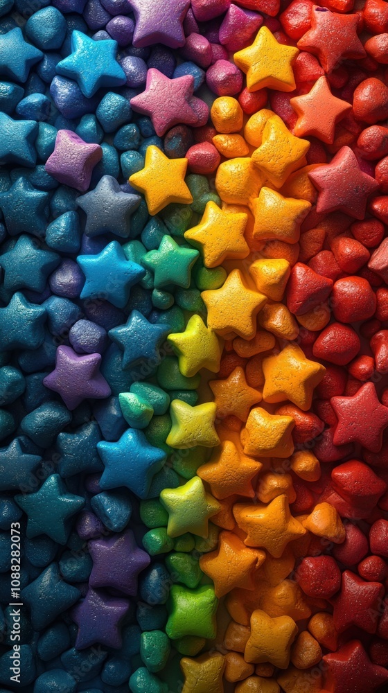 Colorful star-shaped candies arranged in a vibrant gradient pattern. Colorful star-shaped candies arranged in a vibrant gradient pattern.