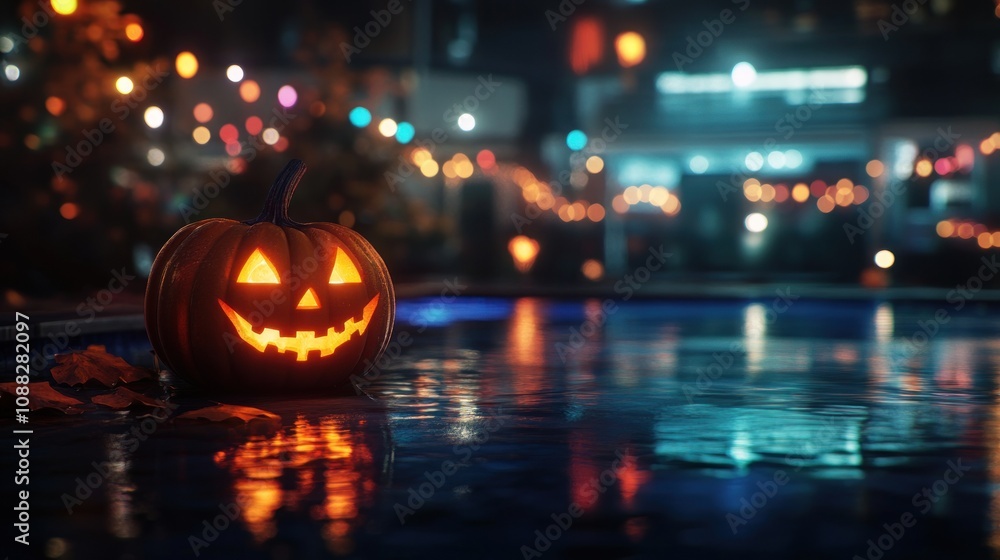 Fototapeta premium Spooky Halloween Night: Jack-o'-lantern by the Pool