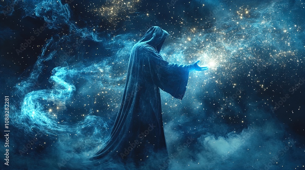Obraz premium Enchanting Wizard Releasing Stars: A Cinematic Poster for Magical Interior Decor, Perfect for Fantasy Enthusiasts and Sports Spaces with a Touch of Mystical Realism