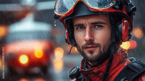 A focused rescue worker in a rain-soaked environment.