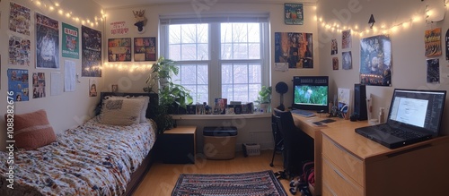 Wallpaper Mural A college dorm room with a bed, desk, two computers, plants and posters. Torontodigital.ca