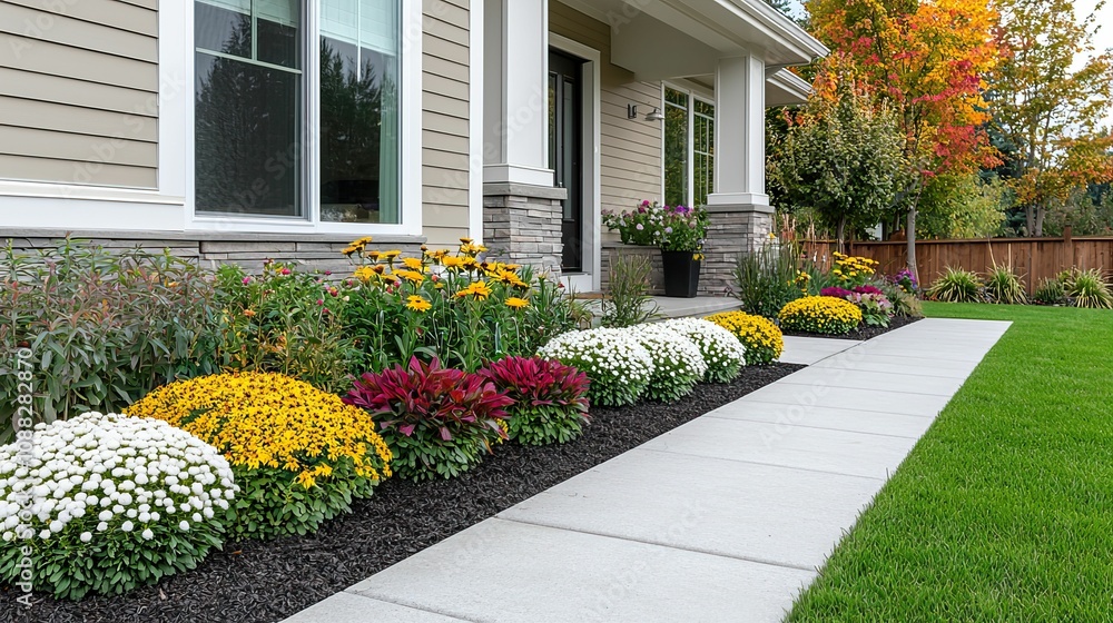 horticulture botany and techniques, A vibrant garden with colorful flowers lines a concrete walkway beside a modern home, showcasing autumn hues and well-maintained landscaping. horticulture botany and techniques, A vibrant garden with colorful flowers lines a concrete walkway beside a modern home, showcasing autumn hues and well-maintained landscaping.