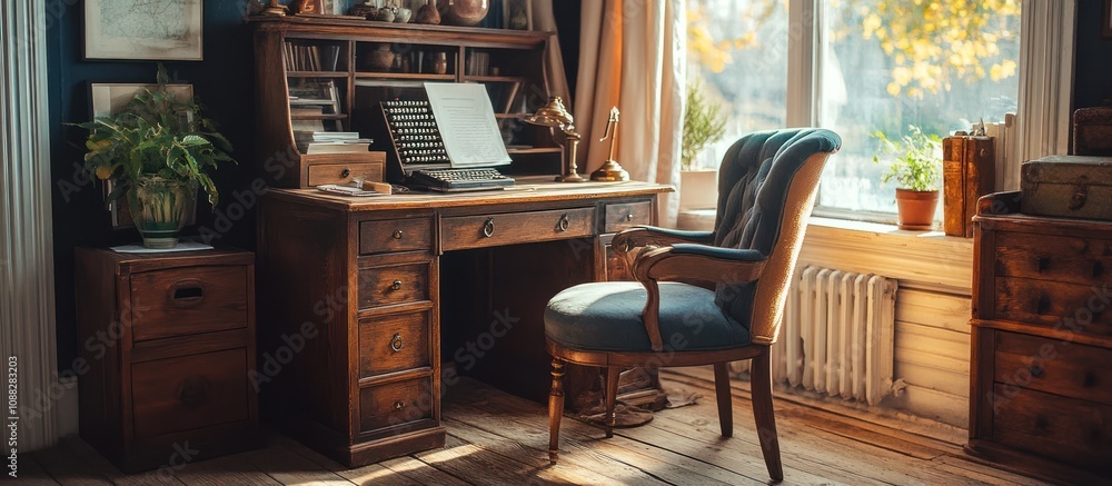An antique wooden desk with a chair in a home office. An antique wooden desk with a chair in a home office.