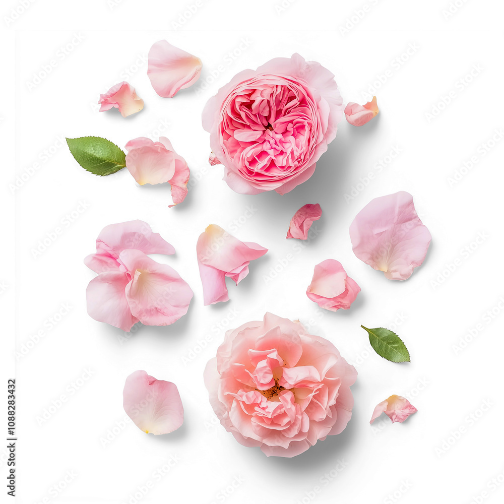 pink roses and petals laying isolated on white pink roses and petals laying isolated on white