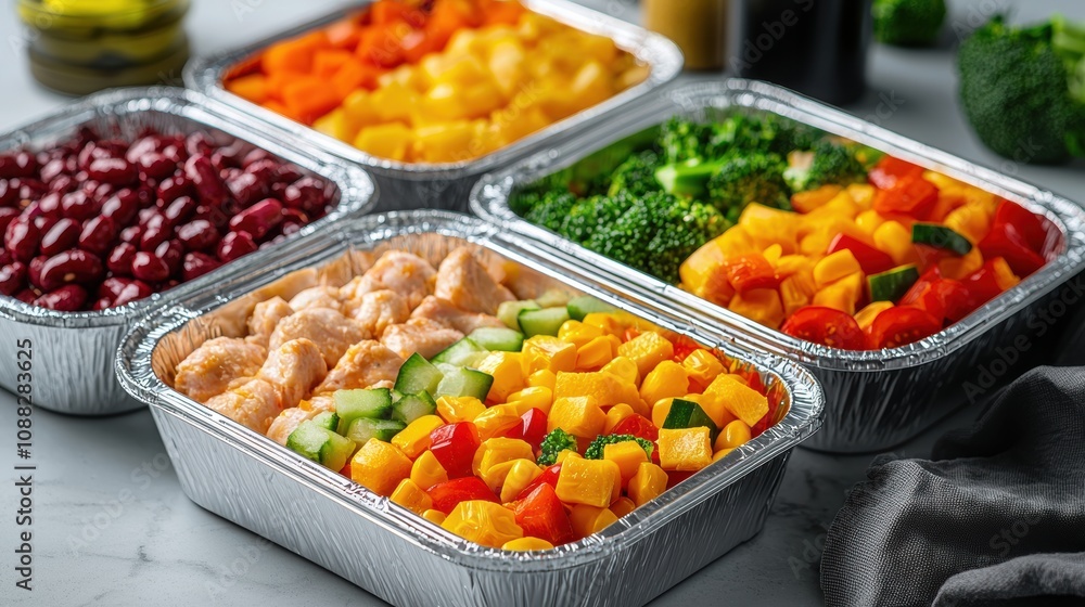 Healthy meal preparation containers filled with various colorful fresh food for a balanced diet rich in protein, vitamins and fiber Healthy meal preparation containers filled with various colorful fresh food for a balanced diet rich in protein, vitamins and fiber