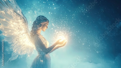 Serene Angel Unleashing Glowing Particles: A Magical Artwork for Inspirational Posters in Sports Interiors and Relaxing Spaces