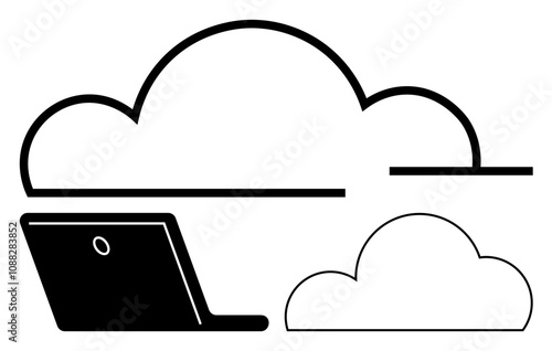 Laptop beneath two large overlapping clouds, representing cloud computing and data storage. Ideal for technology, cloud services, IT solutions, data management, online storage, remote work, web